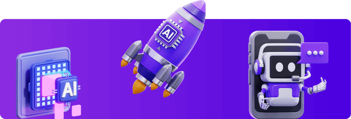 3D illustration of artificial intelligence concepts including a microchip, a rocket with an AI symbol, and a chatbot on a smartphone, representing AI technology and automation.