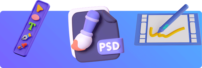 3D illustration of graphic design tools including a toolbar, a PSD file icon with a paintbrush, and a digital drawing tablet, representing digital art and design.
