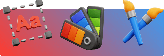 3D illustration of design elements including a text icon, color palette, and paintbrushes, representing typography, color selection, and graphic design.