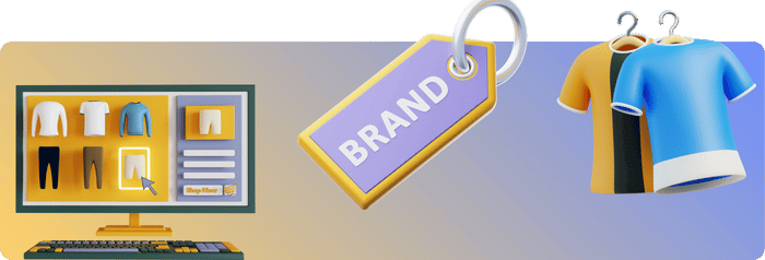 3D illustration showing a brand tag, clothing on hangers, and an online shop interface on a computer screen, representing eCommerce and branding.