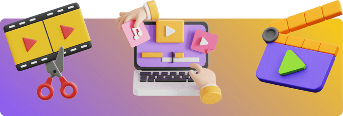 3D illustration of video editing tools including a clapperboard, a laptop with music and play icons, and film strips with scissors, representing video production and editing.