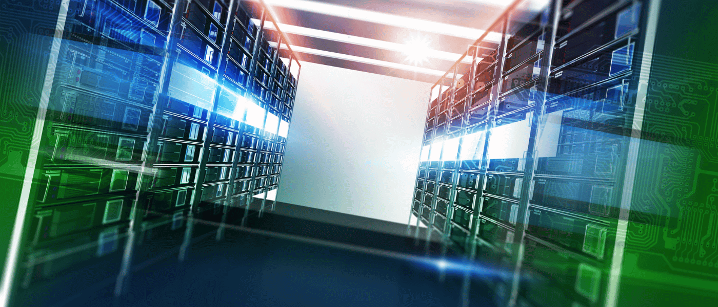 High-tech server room or data center aisle with tall racks of glowing hardware, framed by a green circuit board graphic.