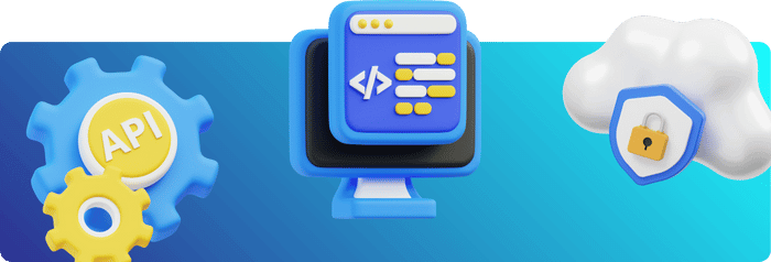 3D illustration of software development elements including API gears, a computer screen with coding symbols, and a secure cloud icon, representing web development and cloud integration.